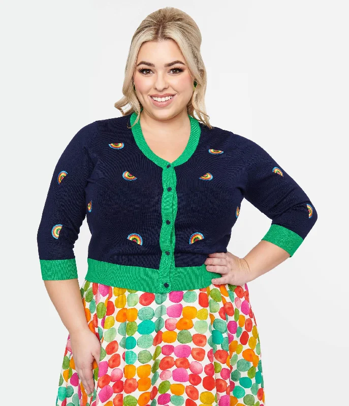 Plus Size 1950s Navy & Green Rainbow Embroidered Skye Cardigan