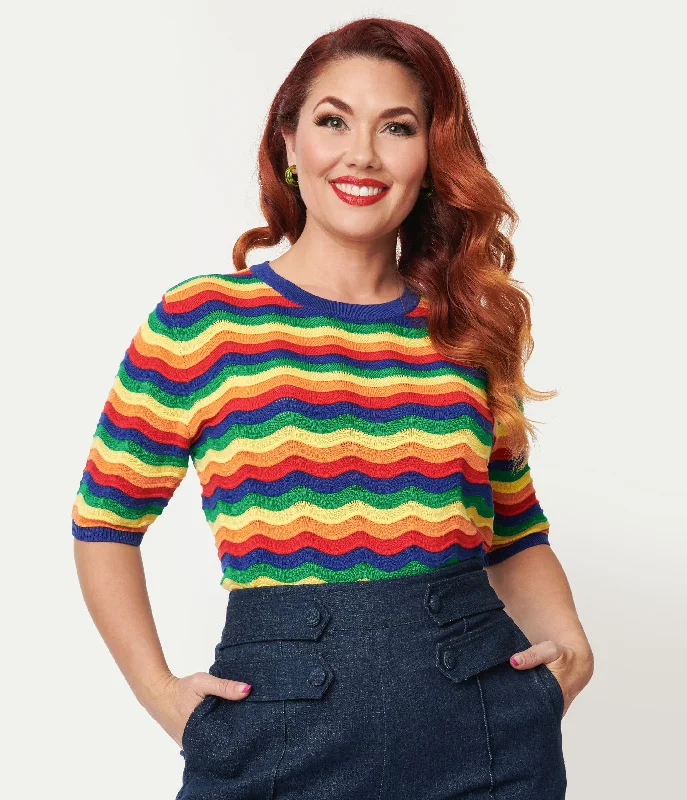 Plus Size 1970s Rainbow Wave Striped Sweater