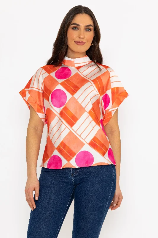 Printed High Neck Sateen Top in Orange