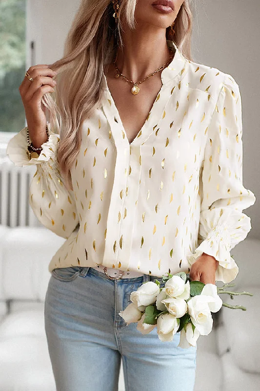 Printed V Neck Pullover Long Sleeved Shirt