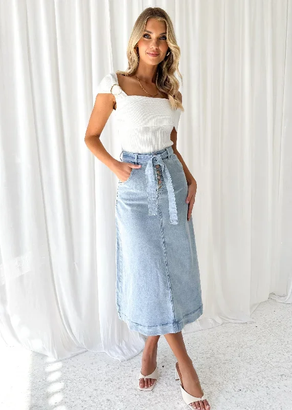 Ramsie Stretch Denim Midi Skirt - Light Blue