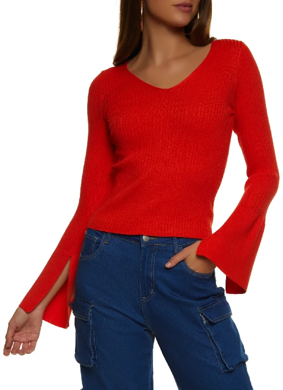 Ribbed Knit Bell Sleeve V Neck Sweater