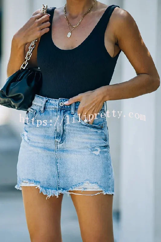 Lilipretty Ripped Frayed Pocket Denim Skirt