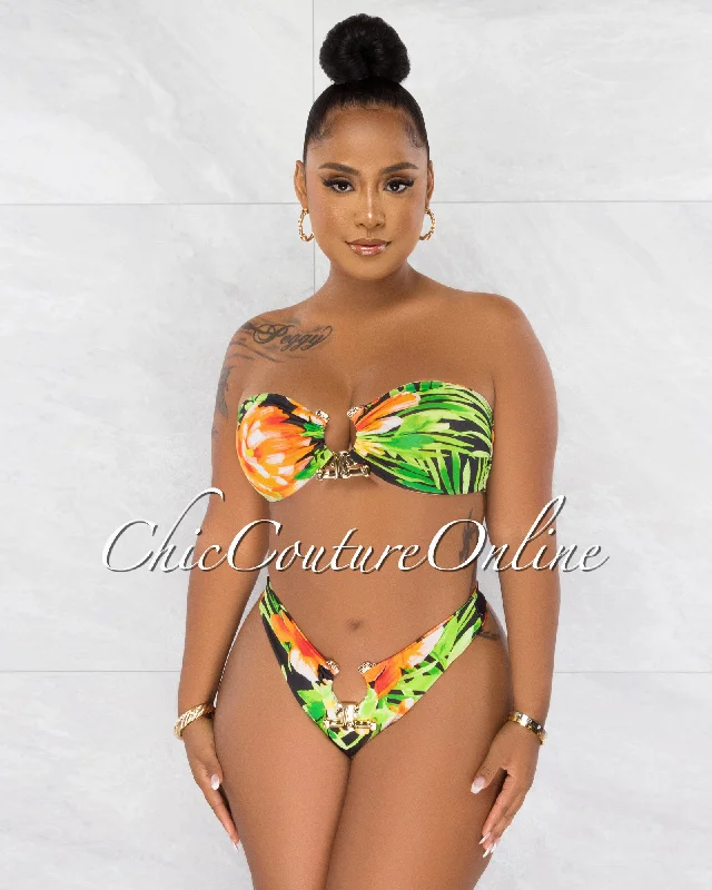 Rita Black Green Orange Gold Accent Bikini Set