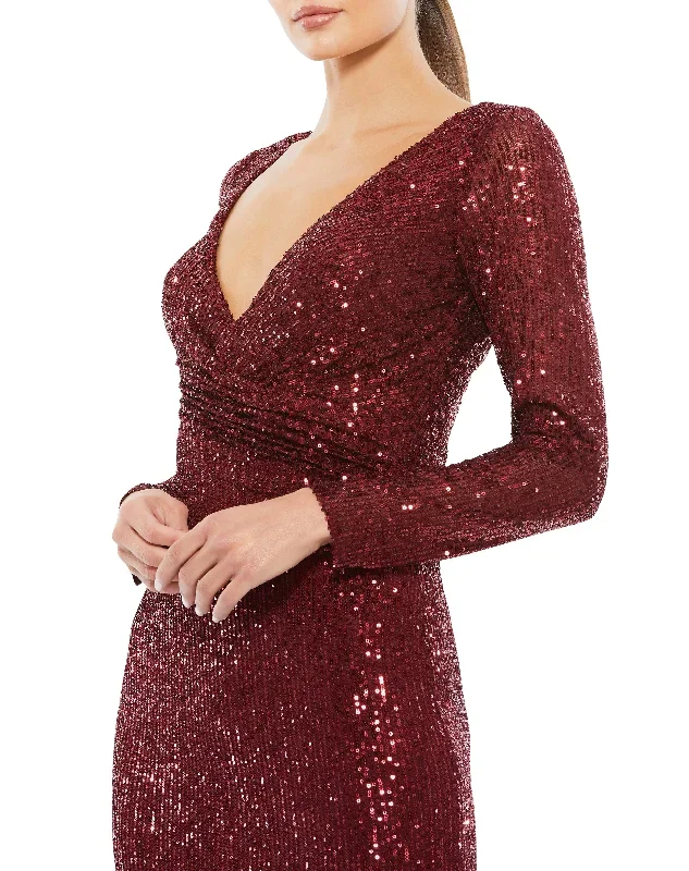 sequined-faux-wrap-long-sleeve-column-gown-wine