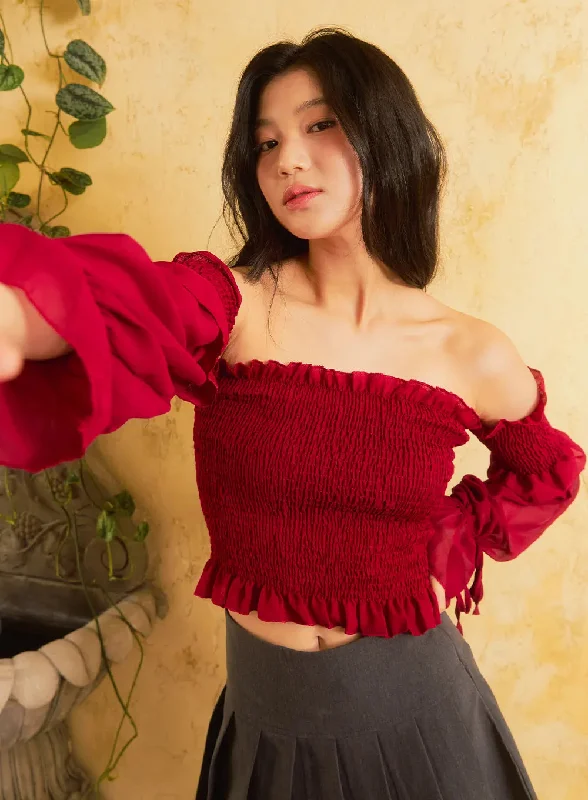 Shirred Off-Shoulder Crop Top IS305