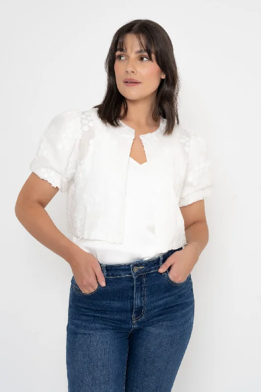 Short Sleeve Embroidered Bolero in White