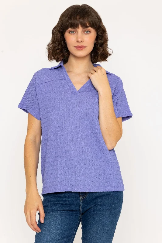 Short Sleeve Textured Collar Top in Blue