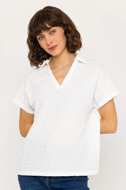 Short Sleeve Textured Collar Top in White