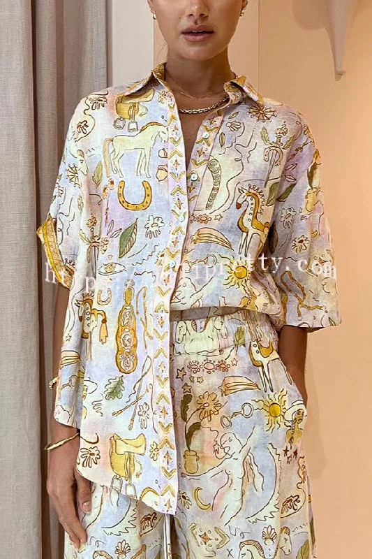 Lilipretty Sunshine Loving Linen Blend Mythological Pattern Button Down Oversized Blouse