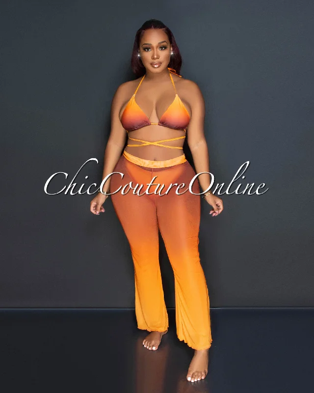 Tangela Orange Brown Strapy Cover-Up Three Piece Swimsuit Set