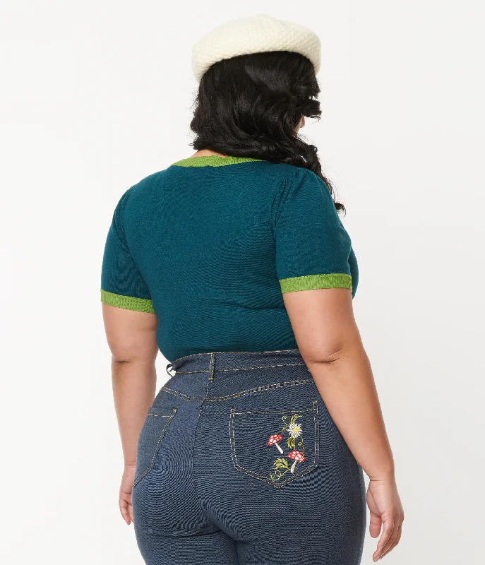 unique-vintage-plus-size-teal-mushroom-daisy-embroidered-cardigan