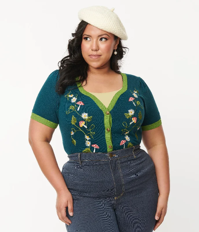 unique-vintage-plus-size-teal-mushroom-daisy-embroidered-cardigan