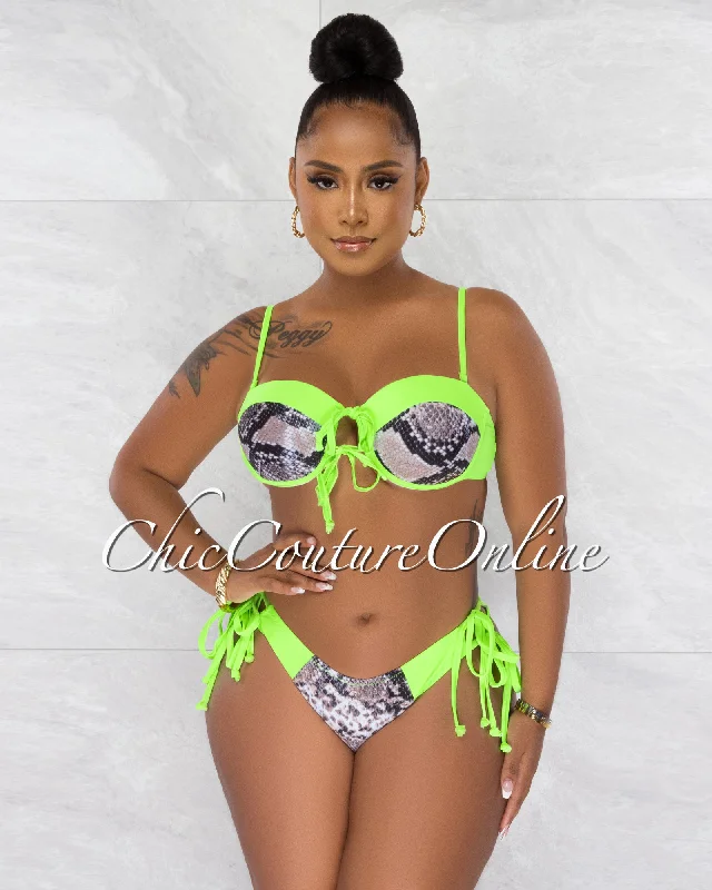 Walker Neon Green Snake Print Two Piece Bikini Set