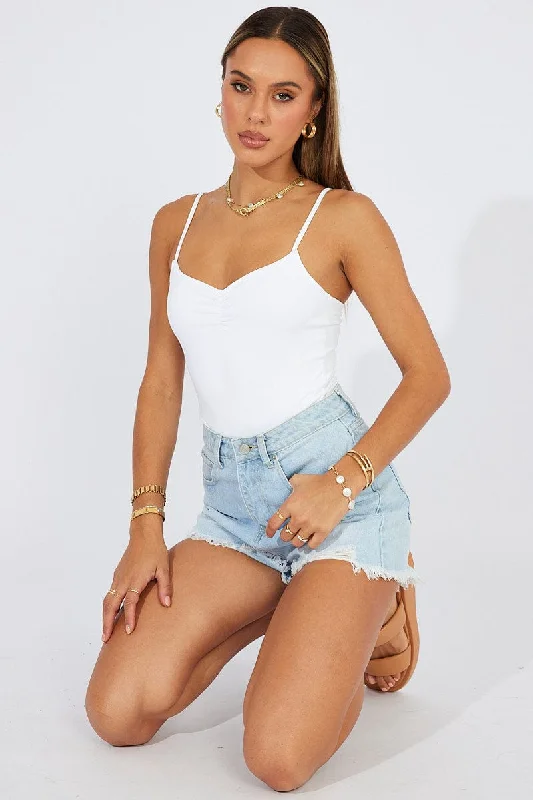 White Bodysuit Front Ruched Supersoft