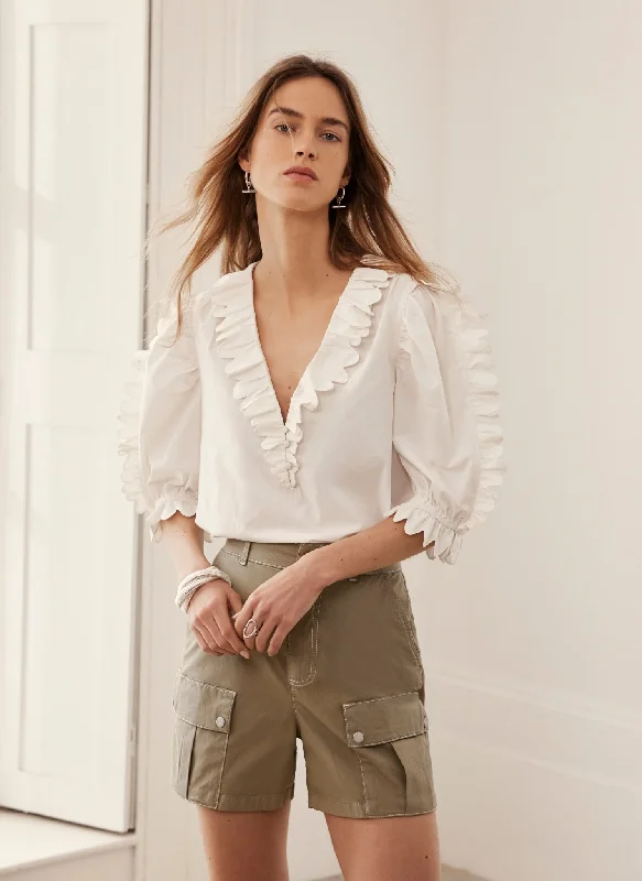 White Cotton Scallop Trim Blouse