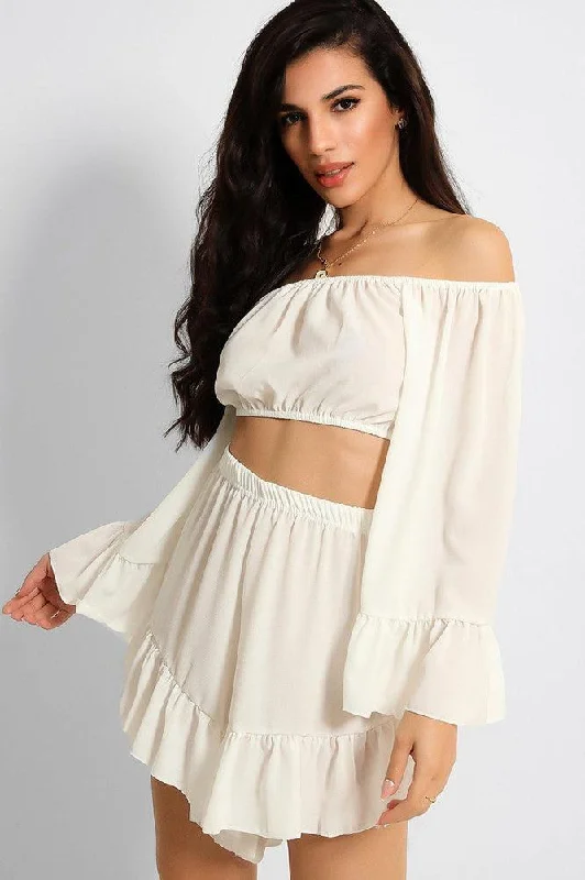 White Frill Trim Off Shoulder Crop Top Shorts Set