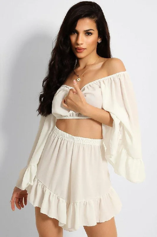 white-frill-trim-off-shoulder-crop-top-shorts-set