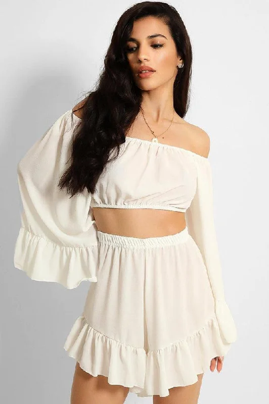 white-frill-trim-off-shoulder-crop-top-shorts-set