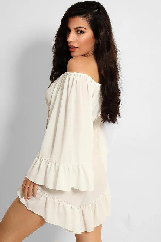 white-frill-trim-off-shoulder-crop-top-shorts-set