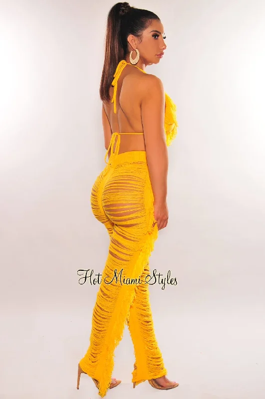 yellow-knit-halter-triangle-top-fringe-ladder-cut-pants-two-piece-set